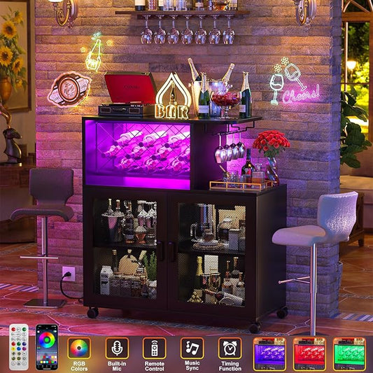 Wine Bar Cabinet with Wheels, Small Liquor Cabinet with LED Light, Home Bar Cart with Power Outlets, Coffee Bar with Wine Rack, Glasses Storage for Kitchen, Dining Room, Living Room, Black