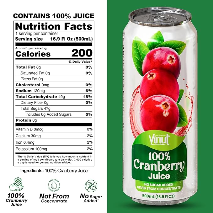 VINUT 100% Cranberry Juice, No Added Sugar, Not From Concentrate, 16.9 fl oz (500 mL) Can, Pack of 12