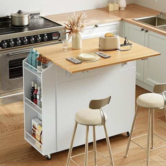 HOOBRO Kitchen Island with Drop Leaf Countertop & Power Outlet, Rolling Island Cart on Wheels, Kitchen Cart with Drawer & Spice Rack, Mobile Island Table for Kitchen, White and Natural WN86UZD01