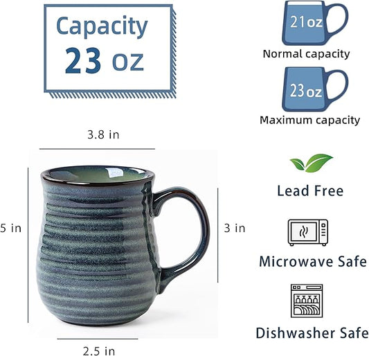 23 oz Large Ceramic Coffee Mugs, Handmade Cup with Large Handle, Big Tea and Coffee Cups for Office and Home, Microwave and Dishwasher Safe (Blue Green)