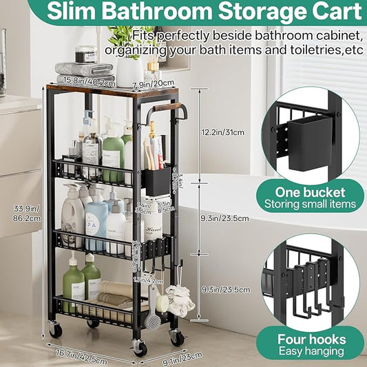 Laundry Room Organization Cart, 4 Tier Slim Rolling Cart for Small Narrow Spaces, Storage Shelf Cabinet with Wheels for Bathroom, Utility Room, Kitchen, Near Washer and Dryer (9.1" W Overall)