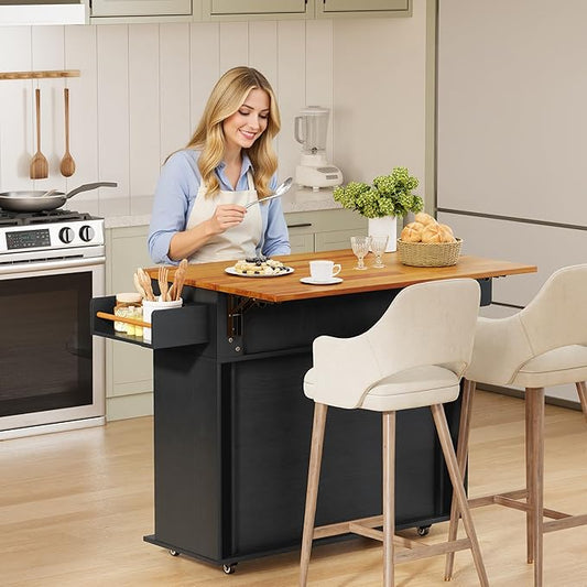 DHH Rolling Kitchen Island with Drop Leaf Countertop&Ample Storage - 39.4" Small Mobile Kitchen Cart On Wheels with Sliding Door,Drawers,Spice Rack & 2-Tier Storage (Black)