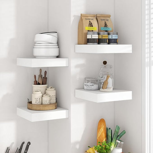 Axeman Square Floating Shelves for Wall, 8" W x 8" D x 1.4" H Rustic Wooden Shelves, 4 Pack Wall Mounted Floating Shelf with Invisible Brackets for Living Room, Bathroom, Kitchen, White Color