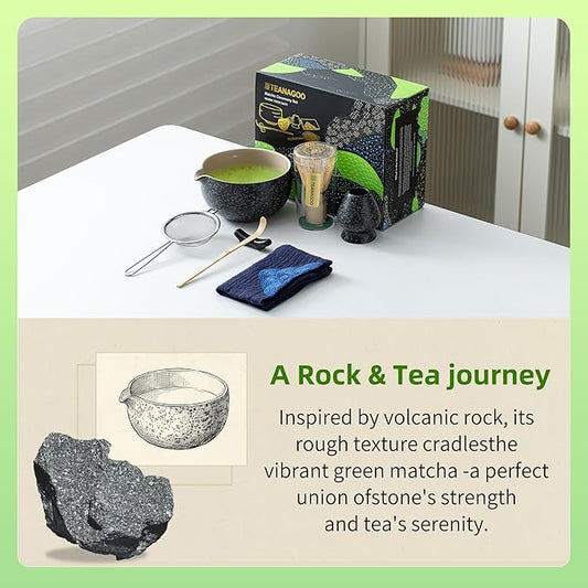 TEANAGOO Matcha Whisk Set Black,7 Pcs Matcha Set,Matcha Kit for Ceremony,Tradition Tea Set for Making Breakfast/Latte,Matcha Whisk Set with Bowl(Chawan)/Whisk and Holder,Gift for Family/Friend
