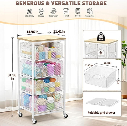Rolling Cart with Drawers, 4-Tier Utility Cart Storage Organizer with Lockable Wheels, Metal Craft Storage Cart with Wooden Top for Kitchen, Bathroom, School, Studio, Office, Bedroom, White