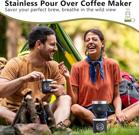 Stainless Steel Pour Over Coffee Filter, Reusable Dripper for Insulated Mugs, Paperless Coffee Maker for Hiking, Camping & Outdoor Adventures, Rinse-clean & Portable - Black