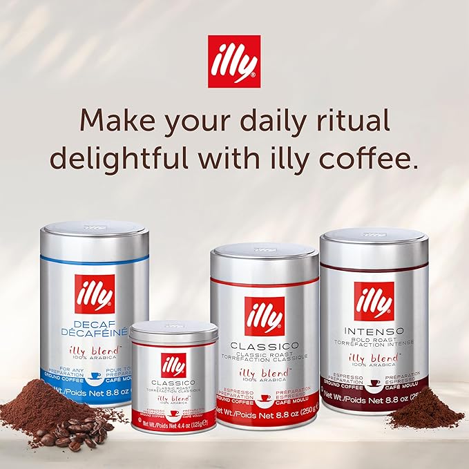 illy Decaf Ground Espresso Coffee, Classico Decaffeinated Medium Roast, 100% Arabica, Premium Italian Coffee, Pre-Ground for Espresso Machines, 8.8oz, 12 Pack