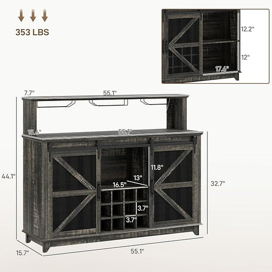 HOMCOM Farmhouse Coffee Bar Cabinet with Smart App Control LED Lights, 55" Wine Bar Cabinet with 12-Bottle Rack, Glass Holder, Kitchen Sideboard Buffet with Sliding Mesh Doors, Distressed Dark Brown