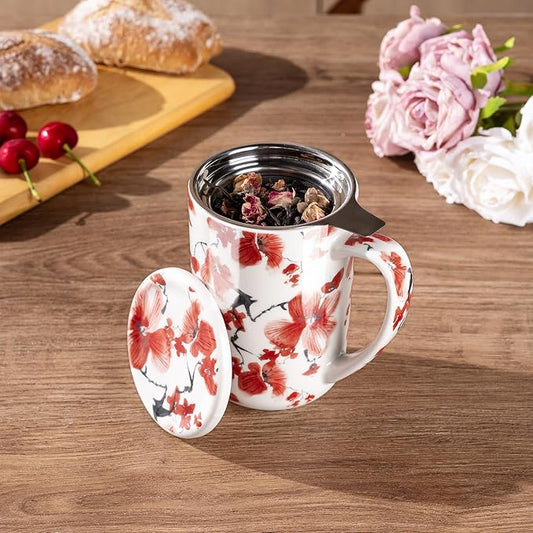 AmorArc Porcelain Tea Mug with Infuser and Lids, 18 Oz Coffee Cup Strainer with Bag Holder for Loose Leaf Tea, Steeping Coffee Mug for House-warming Wedding Birthday Gift