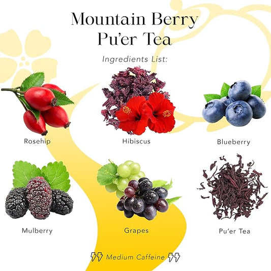 MyRoyalte Mountain Berry Puerh Tea Organic - Hibiscus Loose Leaf Tea With Blueberries, Grapes, Mulberries - Pu'er Tea Gift Idea for Tea Lovers - 3 oz