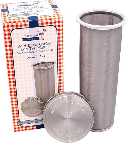 64oz Half Gallon Cold Brew Coffee and Tea Maker Stainless Steel Filter For Wide Mouth Mason Jar With Lid And 2 Silicone Seals | Fine Mesh Stainless Steel Cold Brew Coffee Maker Filter
