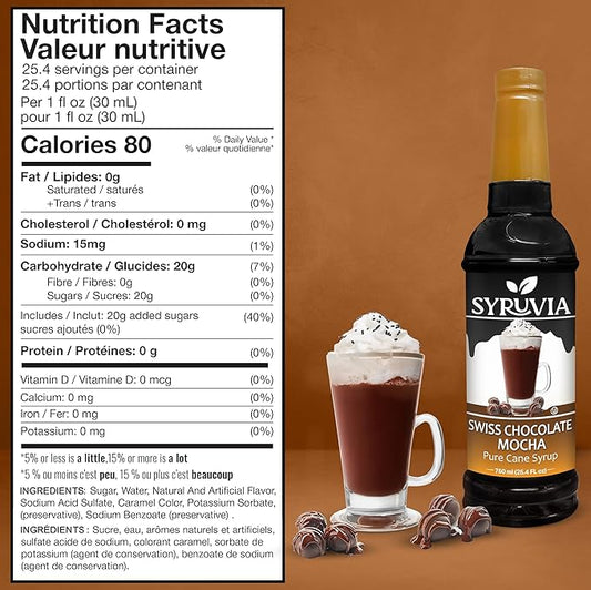 Syruvia Coffee Syrup, Swiss Chocolate Mocha Flavored Syrup for Drinks, Lattes, and Desserts – 25.4 fl oz,