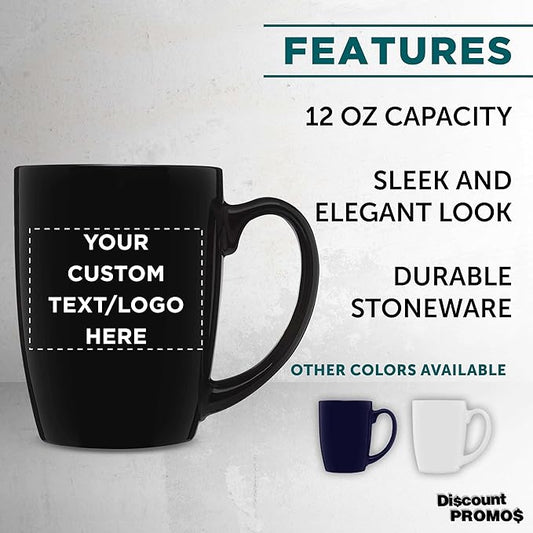 DISCOUNT PROMOS Custom Curved Java Coffee Mug 12 oz. Set of 10/50/100 - Personalized Bulk Pack - Stoneware Restaurant Cups - Black