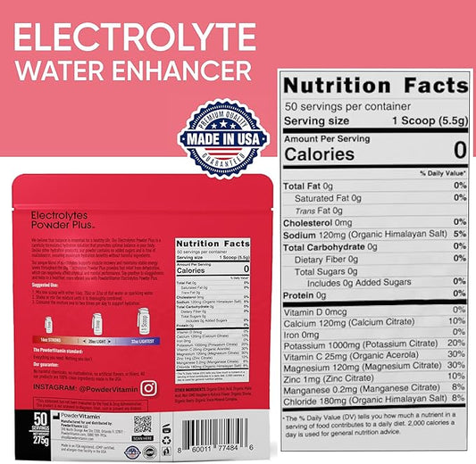 PowderVitamin Electrolytes Powder Plus (50 Servings) Raspberry Electrolyte Powder Zero Calorie Keto, 0 Sugar, No Maltodextrin,1000mg Potassium,120mg Calcium,120mg Magnesium, Hydration Powder
