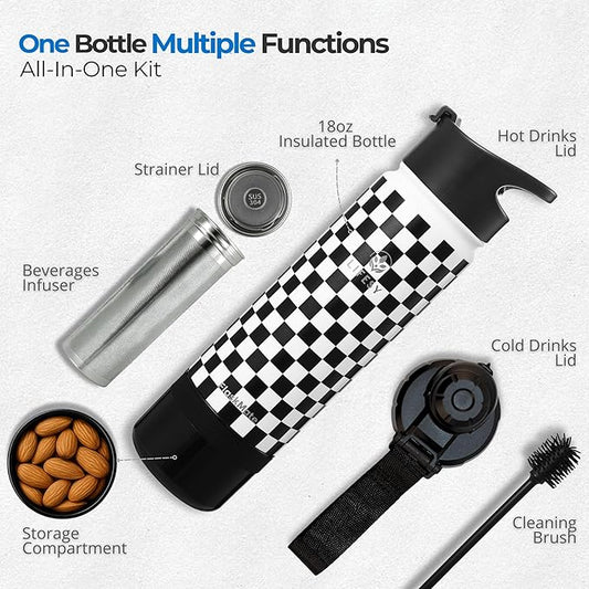 Cold Brew & Tea Infuser Bottle – 18oz Travel Water Bottle with Storage, Dual Lids & Coffee Filter – Fruit Water & Coffee Maker – FLASKMATE All-in-One System (Classic Chess)