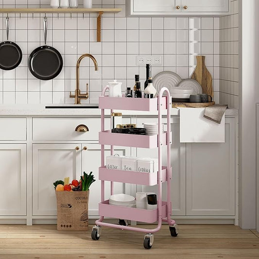 4-Tier Pink Rolling Cart,Metal Utility Rolling Cart with Handle,Multifunction Rolling Carts with Wheels,Kitchen Storage Carts Suitable for Office,Home,Kitchen,Garden(13.4"x18.1"x40") Pink