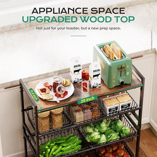 Cinati 4-Tier Utility Kitchen Cart with Wood Top, 29" W Kitchen Storage Cart with 8 Baskets & Handle, Metal Snack Cart with Wheels, Adjustable Pantry Organizer and Storage Cart for Fruit, Vegetables
