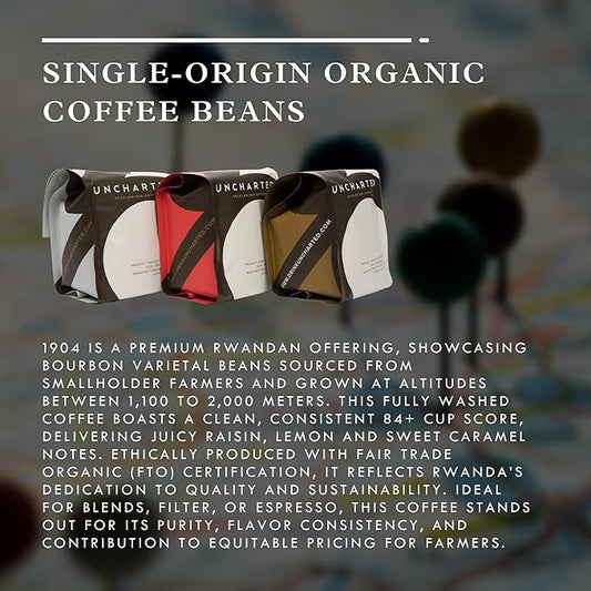 Single-Origin Organic Coffee Beans Gift Box, Light, Medium and Dark Roast Organic Whole Bean Coffee, 3 Pack Explorer, 9 oz each, 1904 Rwanda by Uncharted Coffee