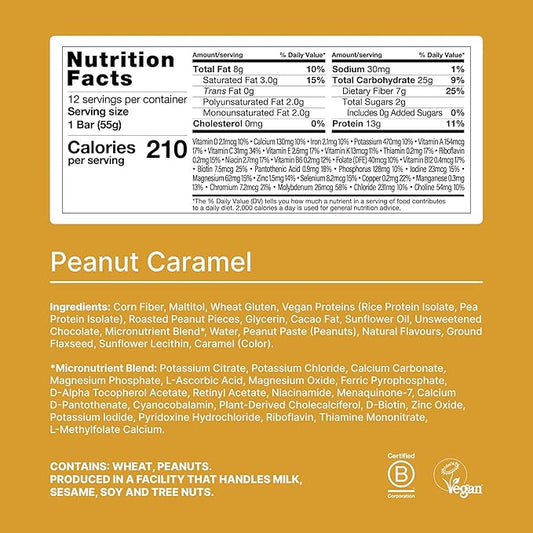 Huel Complete Nutrition Vegan Protein Bars | Peanut Caramel | 13g Protein | 27 Vitamins & Minerals, 2g Sugar, Non-GMO, 100% Plant Based Snack | 12 Pack