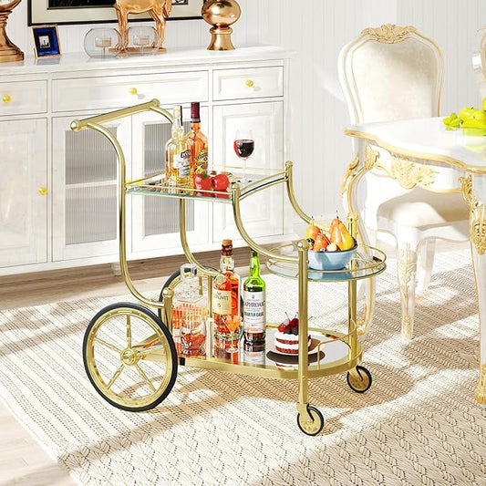 COSTWAY Glass Rolling Bar Cart, Rolling Serving Cart with 3-Tier Shelf, Directional Wheels & Universal Wheels, Mobile Wine Tea Serving Cart for Hotel, Club & Home (Gold)