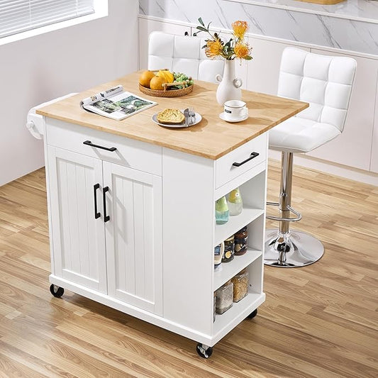 Yaheetech Rolling Kitchen Island Cart with Drop Leaf, Portable Rubberwood Breakfast Bar with Storage Cabinet, Open Shelves & Detachable Towel, 2 Drawers, White