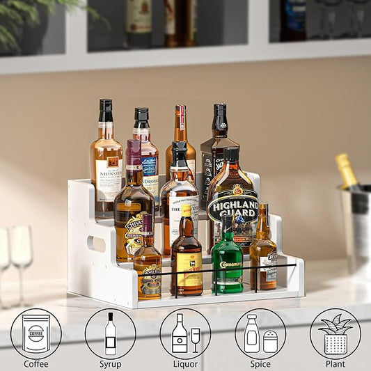 Yelinkws Liquor Bottle Display Shelf,Wood Syrup Organizer Rack,3 Step Countertop Organizer Wine Rack,Rustic Coffee Station Accessories for Syrup (White)