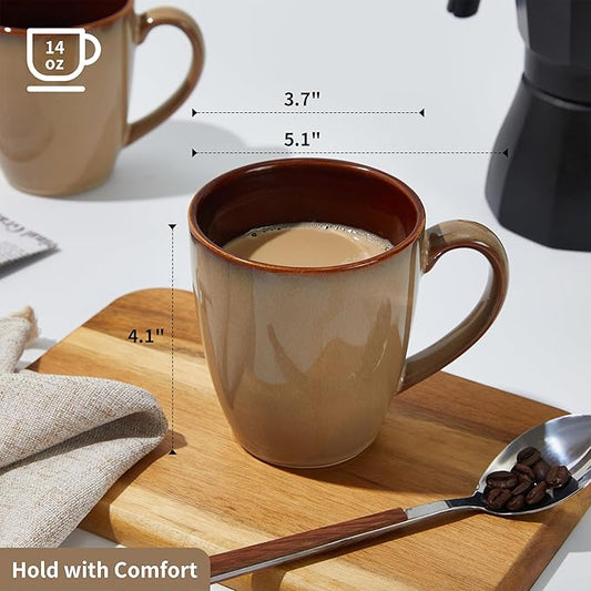 Coffee Mug 14 oz, Ceramic Coffee Mugs Set of 4, Reactive Glaze Mug for Latte/Tea/Cappuccino, Large Stackable Mug Set for Men, Women, Dad, Mom, Dishwasher & Microwave Safe, Brown Yellow