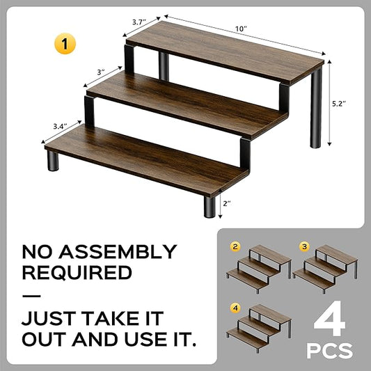 4 PCS Wooden Display Riser Stand, 3-Tier Perfume Organizer Stand, Spice Rack Organizer, Figure Stand, Coffee Syrup Rack Organizer, Home Bar Display