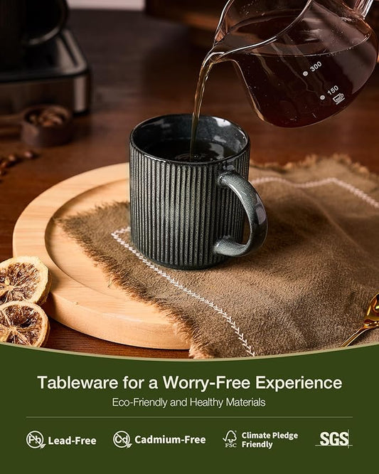 famiware Coffee Mug Set for 8, Star 12 oz Catering Mugs Cup Set with Handle for Coffee, Tea, Cocoa, Milk - Ceramic Stoneware Drinkware Set, Deep Forest