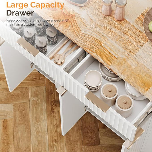 VINGLI Kitchen Island Cart, Large Rubber Wood top Mobile Cart with Storage, Adjustable Shelves, Towel Rack & Safety Bar Storage, Fluted Portable Rolling Kitchen Island with Drop Leaf, White
