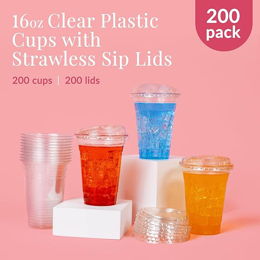 Prestee 200 Pack 16 oz Clear Plastic Cups - PET Plastic Cup Set for Weddings and Parties - Durable Disposable Cups for Drinks, Water, Beer and Cocktails - Clear and Crisp Party Glasses in Bulk
