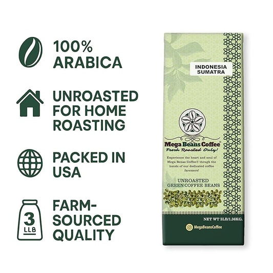 Mega Beans Coffee Indonesia Sumatra Green Coffee Beans, Unroasted Single-Origin, 3 lb Raw High-Altitude Beans for Home Roasting