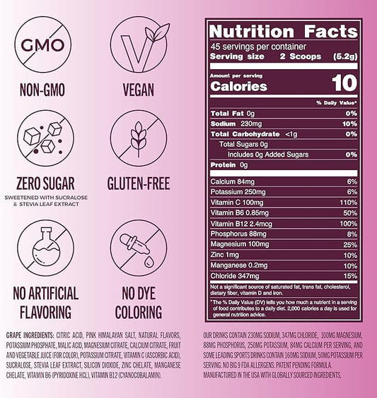 TREVI™ Sugar Free Electrolytes - Everyday Hydration Drink Mix Hydration Powder Multi Serving Tub - 45 Serving - Grape