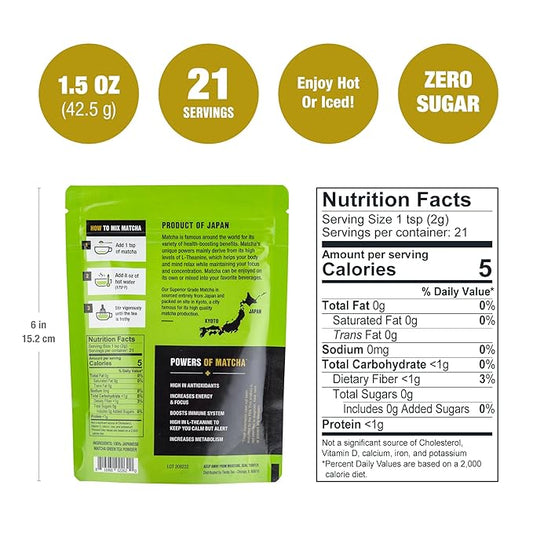 Tiesta Tea - Superior Matcha | Superior Grade Japanese Matcha Powder | High Caffeinated Green Tea | Make Hot or Iced | Up to 21 Cups | 1.5oz Resealable Pouch