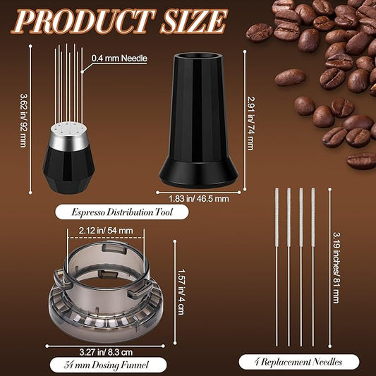 Feekoon 54mm Dosing Funnel Compatible with Breville Barista and Bambino Machine, WDT Espresso Distribution Tool, Espresso Accessories Kit, Coffee Stirrer Tool with 8 Needles and 4 Replacement Needles