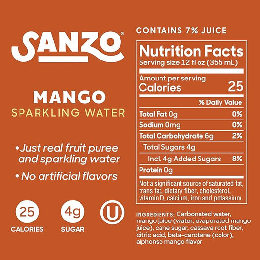 Sanzo Flavored Sparkling Water - Mango Seltzer - Low Calorie Low Sugar - Craft Asian Drinks - Vegan Gluten Free Carbonated Flavored Water - Fizzy Bubbly Healthy Drinks - 12oz, 12 Pack