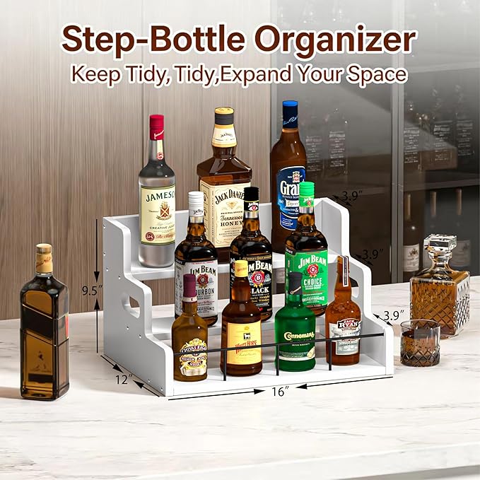 Yelinkws Liquor Bottle Display Shelf,Wood Syrup Organizer Rack,3 Step Countertop Organizer Wine Rack,Rustic Coffee Station Accessories for Syrup (White)