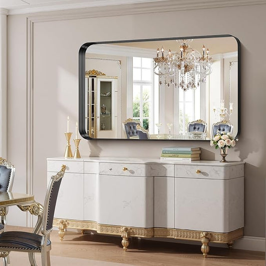 FORBATH 60x36 Inch Large Bathroom Mirror for Double Sinks, Brushed Black Deep Frame Wall Mirror with Rounded Corners, Anti-Rust Tempered Glass for Modern Farmhouse Vanity (Horizontal/Vertical)