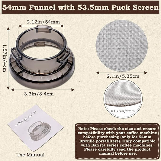 54mm Dosing Funnel with 53.5mm Puck Screen, Catcan Espresso Portafilter Funnel for Breville Series Barista