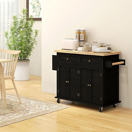 HOMCOM Kitchen Island Cart with Rubber Wood Top, Rolling Kitchen Island Table on Wheels with Drawers, Adjustable Shelves, Spice Rack and Towel Rack for Dining Room, Distressed Black