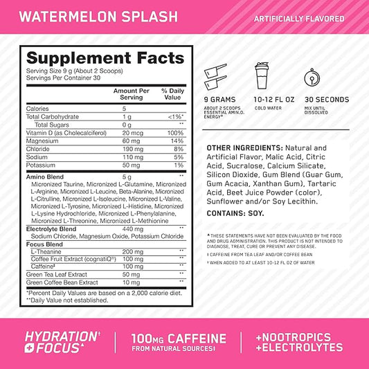 Optimum Nutrition Amino Energy Powder Plus Focus, with BCAA, Electrolytes, and Caffeine, Watermelon, 30 Servings (Packaging May Vary)