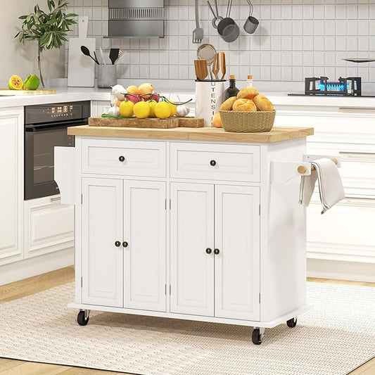 HOMCOM Kitchen Island Cart with Rubber Wood Top, Rolling Kitchen Island Table on Wheels with Drawers, Adjustable Shelves, Spice Rack and Towel Rack for Dining Room, Cream White