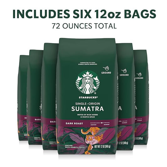Starbucks Ground Coffee, Dark Roast Hot or Iced Coffee, Single-Origin Sumatra, Six 12 oz Bags