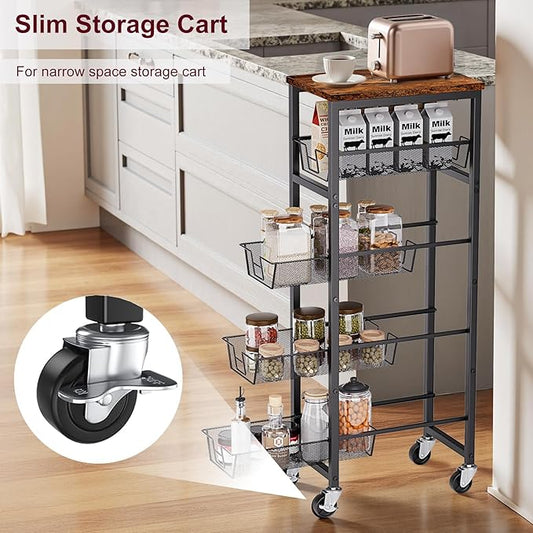 Slim Rolling Cart, 5-Tier Storage Cart, 9.1inch Narrow Kitchen Rolling Cart on Wheels for Small Space, Utility Cart Shelving Unit with Wooden Top and Metal Handle for Kitchen, Bathroom, Laundry Room