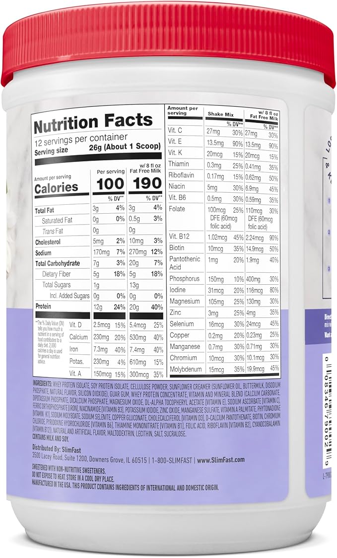 SlimFast Advanced Nutrition High Protein Meal Replacement Smoothie Mix, Vanilla Cream, Weight Loss Powder, 20g of Protein, 12 Servings (Pack of 2) (Packaging May Vary)