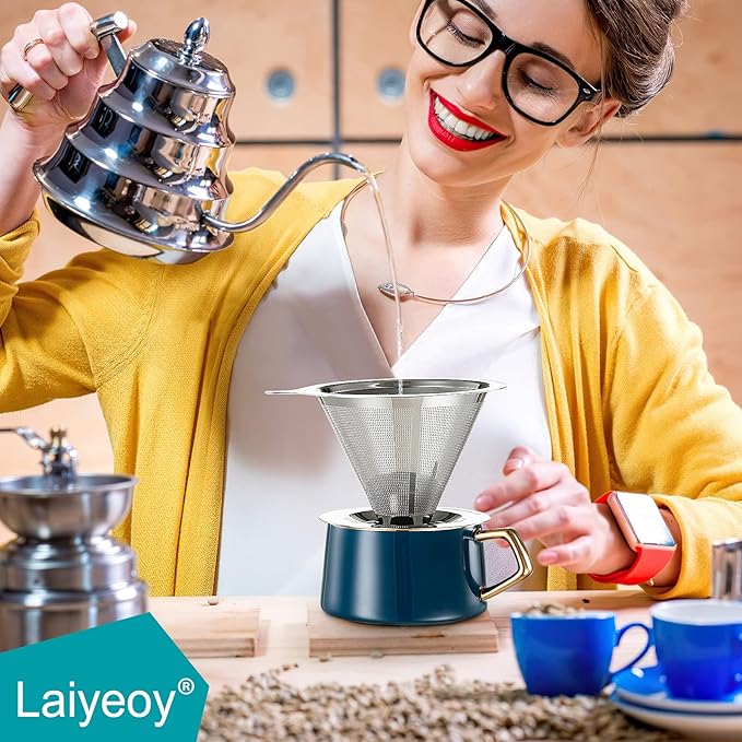 Laiyeoy Pour Over Coffee Dripper, Slow Drip Paperless Coffee Filter, Stainless Steel Pour Over Coffee Maker for Single Cup Brew, Double Mesh Design of Manual Reusable Cone Filter.
