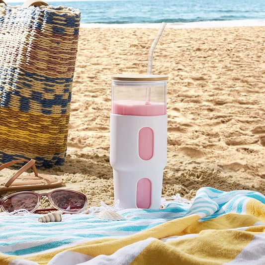 32oz Glass Tumbler with Straw & Bamboo Lid with Silicone Sleeve, Reusable Boba Smoothie Cup Iced Coffee Tumbler, Fits Cup Holder, Glass Water Bottle, BPA Free Beer Mug & Stein White.