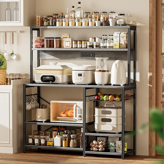 SUPERJARE Bakers Rack with Power Outlet, 47.2 Inches Coffee Bar with Wire Basket, Kitchen Microwave Stand with 6 S-Shaped Hooks, Open Storage Shelves, Grey