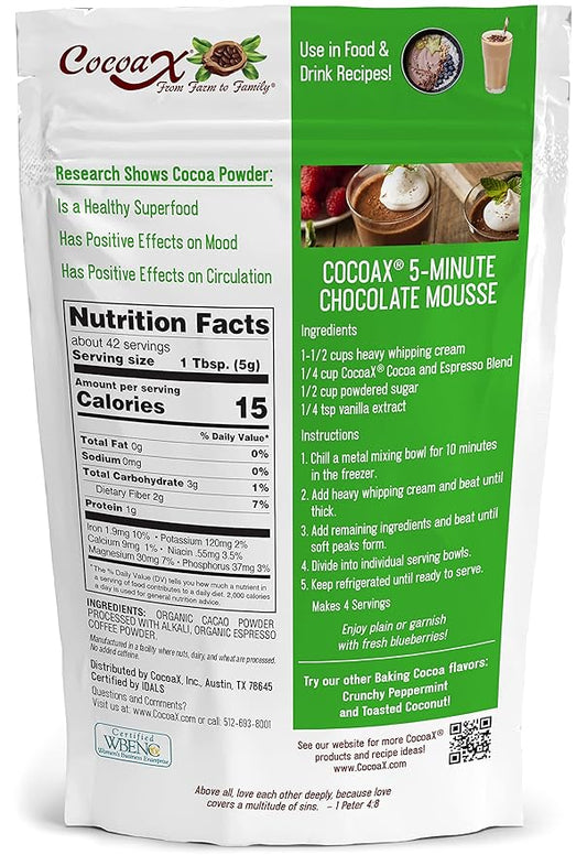 CocoaX Organic Cocoa Powder with Espresso Powder - 8oz Gluten Free, & Non-GMO Unsweetened Cocoa Powder for Baking - Dutch Processed Cocoa Powder to Use 1 To 1 in Cocoa Recipes - Made in America