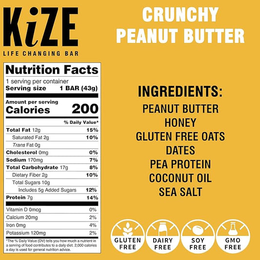 KiZE Energy Bars - Crunchy Peanut Butter - Gluten Free, Dairy Free, Non-GMO, and High Protein Meal Replacement Energy Bars, Clean and Simple Food Ingredients - 7g High Protein Snacks, (10 Count)